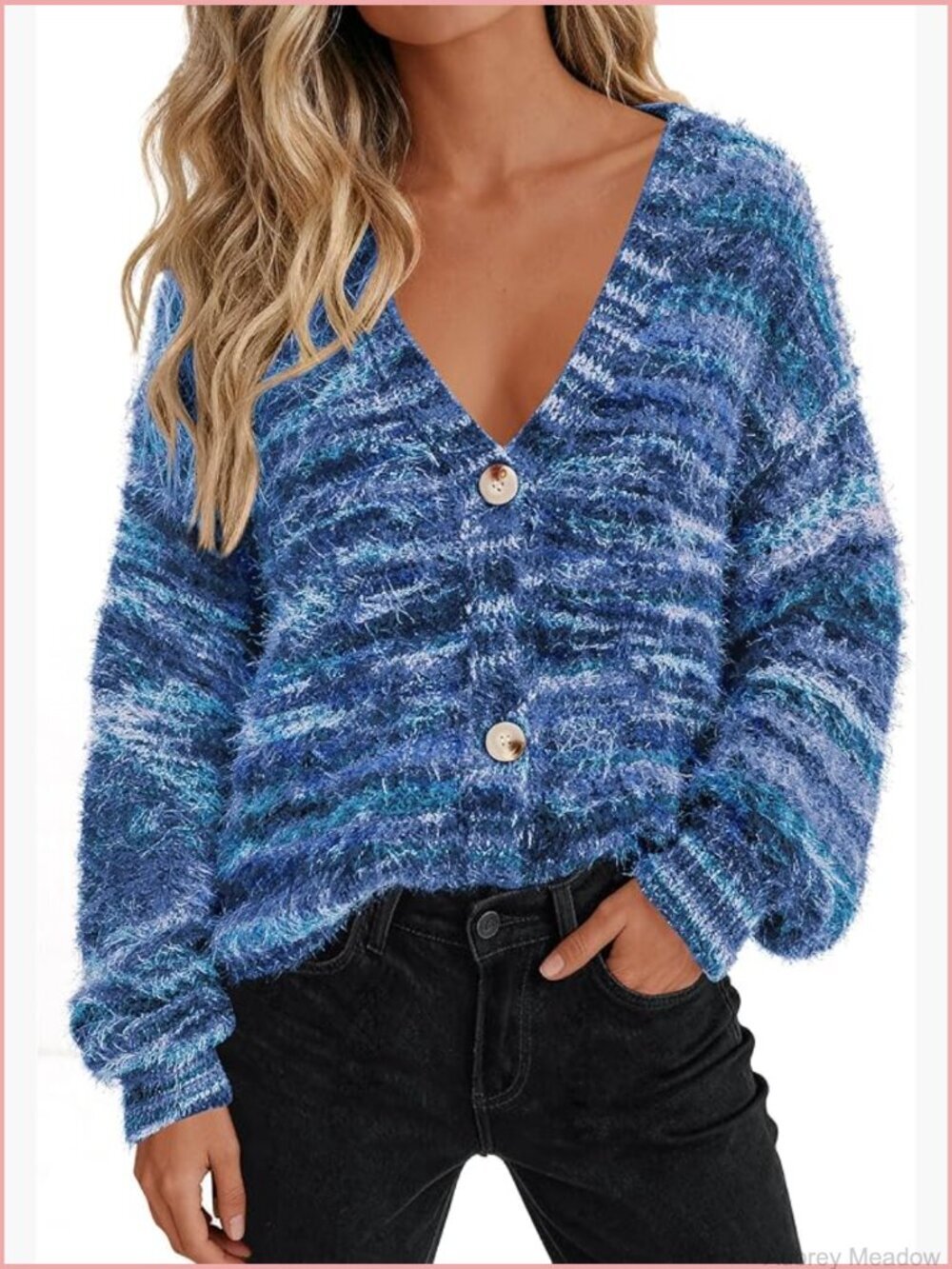 Striped V-Neck Button Cardigan Sweater Fuzzy Knit Long Sleeve